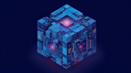 Isometric digital structure composed of illuminated blocks glows against a dark backdrop