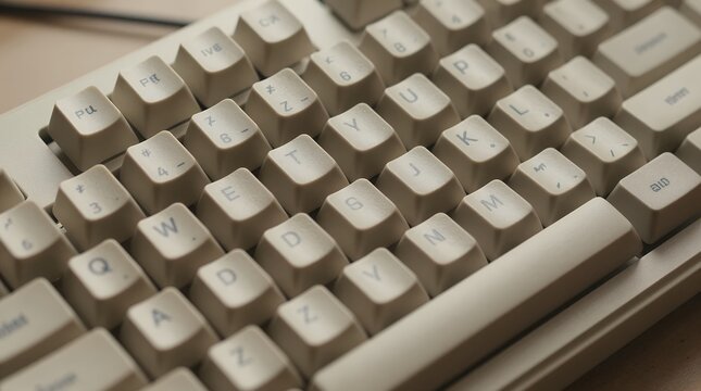 Close up perspective of a beige mechanical keyboard with multiple rows of keys in soft lighting