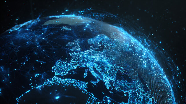 An awe-inspiring view of Earth at night, showcasing illuminated cities connected by a network of data streams