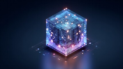 Illuminated holographic cube structure symbolizes advanced digital processing and computation