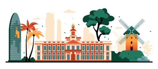 Spanish attractions - colorful flat design style illustration
