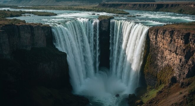 Powerful waterfall cascading down rocky cliffs, dramatic landscape