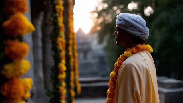 serene early-morning temple scene shows a priest or devotee standing with his back to the camera, dressed in traditional saffron robes that glow softly in the golden sunlight 4k