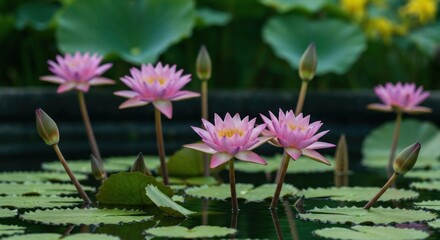 Pink water lilies in a pond, serene and vibrant