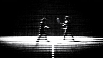 A stylized depiction of two figures confronting each other in a high contrast digital environment, symbolizing conflict, tension and unresolved confrontation.
