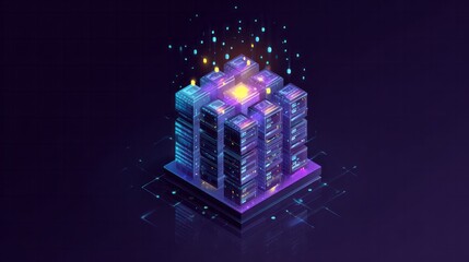 Isometric digital infrastructure composed of glowing server racks processing data streams against a dark background