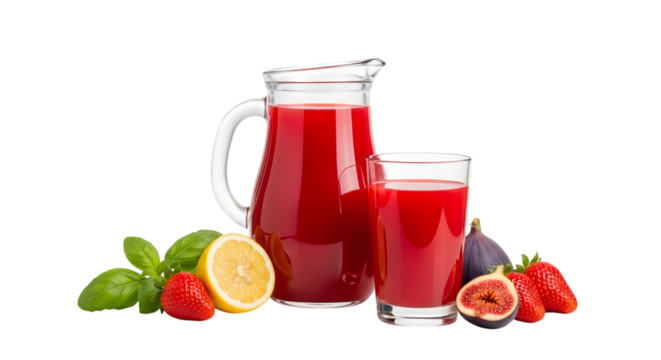 Fresh red juice in pitcher and glass with fruits isolated on transparent background