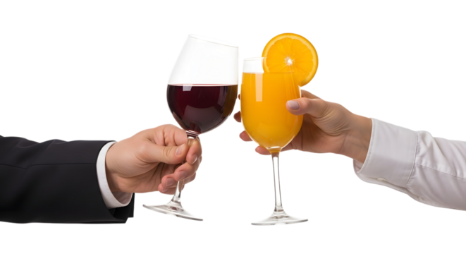 Two hands toasting with red wine and orange juice isolated on transparent background - Powered by Adobe