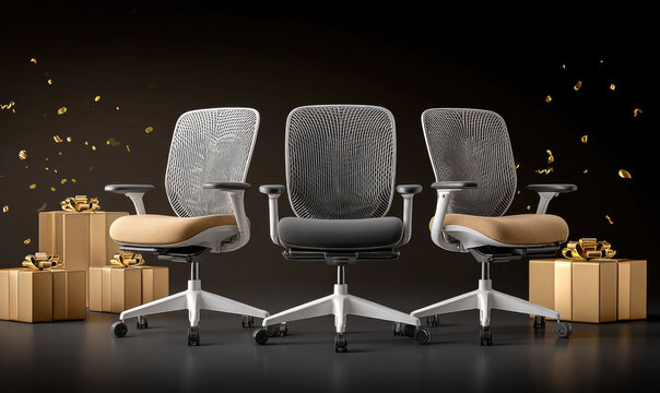 Ergonomic office chair modern design comfortable seating adjustable armrest mesh backrest with festive gift boxes background