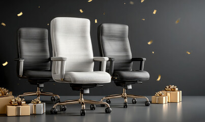 Modern office chair ergonomic design black and white color gold base gift box festive luxury celebration confetti workspace