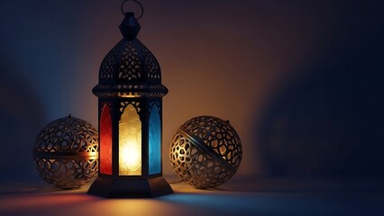 Illuminated traditional ramadan lantern with decorative orbs at night