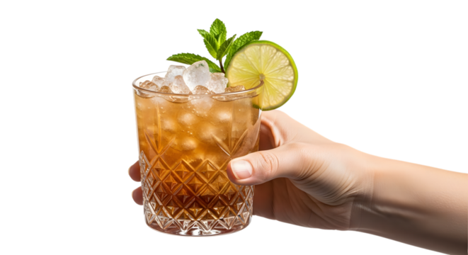 Hand holding refreshing iced tea cocktail with lime isolated on transparent background