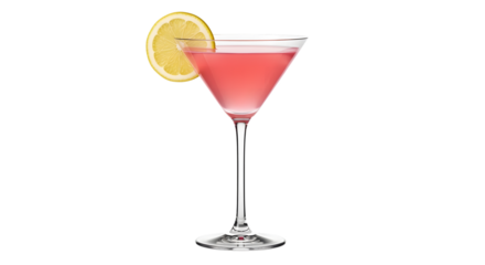 Pink cocktail in martini glass with lemon slice isolated on transparent background