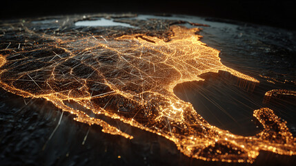 Illuminated North American map from space, showcasing the interconnectedness of infrastructure. The map highlighting the expansive network of cities, roads.