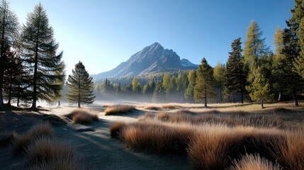 Misty morning mountain landscape with tall grass, pine tree, blue sky, sunlight, and fog creating peaceful natural scene
