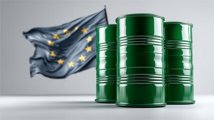 A photorealistic image of three green metal barrels in front of a waving EU flag. Low angle view.