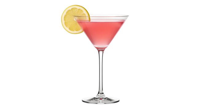 Pink cocktail in martini glass with lemon slice isolated on transparent background