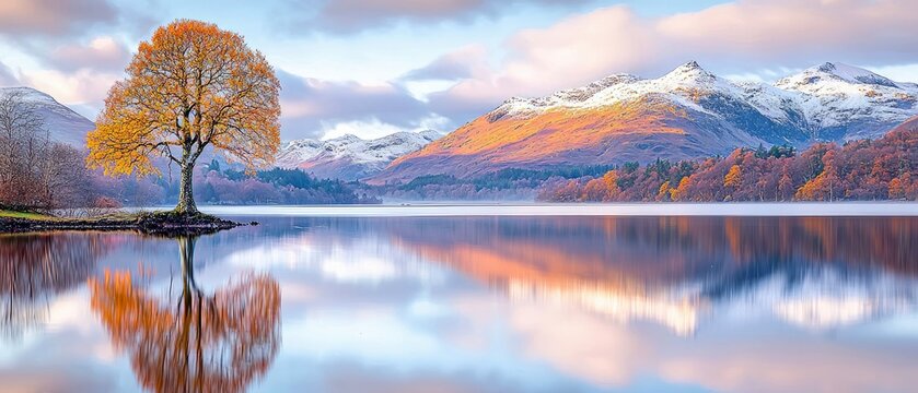 A beautiful landscape scene featuring a tree reflected in a calm lake with snow-capped mountains in the background. The scene is bathed in the soft light of sun