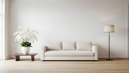 Serene interior featuring a cream sofa, elegant orchid arrangement, and a minimalist floor lamp evoking calm and