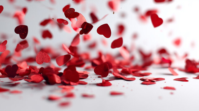 red confetti coming down on white background with some in shapes of love hearts and positive vibes, visually engaging as background - Powered by Adobe