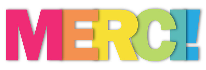 MERCI! (THANK YOU! in French) colorful typography banner on transparent background