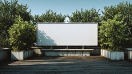 Blank Billboard Surrounded by Greenery on Wooden Deck Space