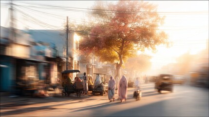 People walking on a busy street during sunset with warm light and soft shadows