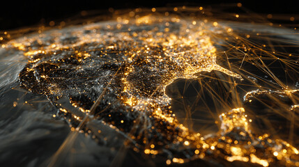 Night view of the globe featuring city lights representing technological connections and networking