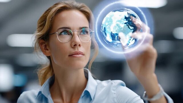 Global Vision: A visionary professional gazes intently at a holographic earth, symbolizing her forward-thinking approach to sustainable business practices and environmental consciousness. 
