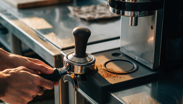 Skilled hands of a barista preparing an aromatic espresso, tamping coffee grounds in a portafilter at a coffee shop - Powered by Adobe