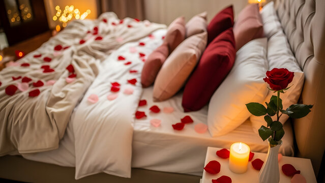 Romantic bedroom arrangement with rose petals scattered on the bed and soft lighting creating an intimate ambiance