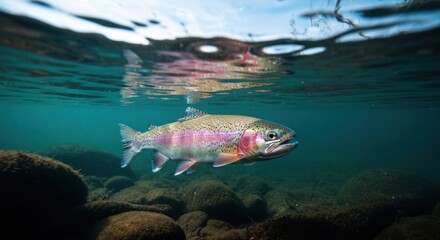 Fototapeta premium Rainbow trout swimming underwater, reflected surface