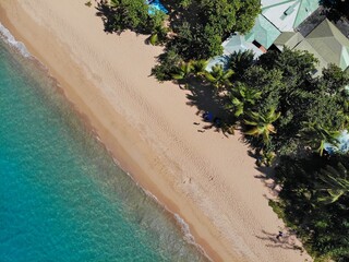 Naklejka premium Guadeloupe beautiful beach drone view. Caribbean vacation landscape. Grande Anse sandy beach on Basse-Terre island.