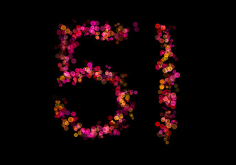 Number fifty-one, 51 made with multicolored bokeh lights effect, Bokeh on black background, Digit, Blur, Glitter, Defocused, Seamless polka dot pattern, Illustration design