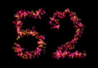 Number fifty-two, 52 made with multicolored bokeh lights effect, Bokeh on black background, Digit, Blur, Glitter, Defocused, Seamless polka dot pattern, Illustration design