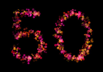 Number fifty, 50 made with multicolored bokeh lights effect, Bokeh on black background, Digit, Blur, Glitter, Defocused, Seamless polka dot pattern, Illustration design