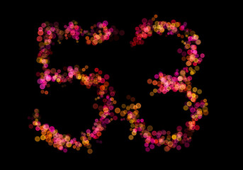 Number fifty-three, 53 made with multicolored bokeh lights effect, Bokeh on black background, Digit, Blur, Glitter, Defocused, Seamless polka dot pattern, Illustration design
