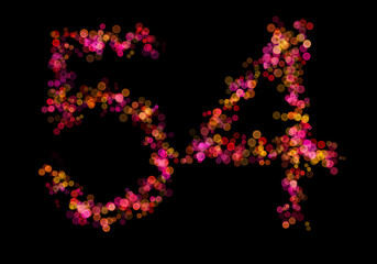 Number fifty-four, 54 made with multicolored bokeh lights effect, Bokeh on black background, Digit, Blur, Glitter, Defocused, Seamless polka dot pattern, Illustration design
