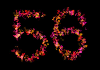 Number fifty-six, 56 made with multicolored bokeh lights effect, Bokeh on black background, Digit, Blur, Glitter, Defocused, Seamless polka dot pattern, Illustration design