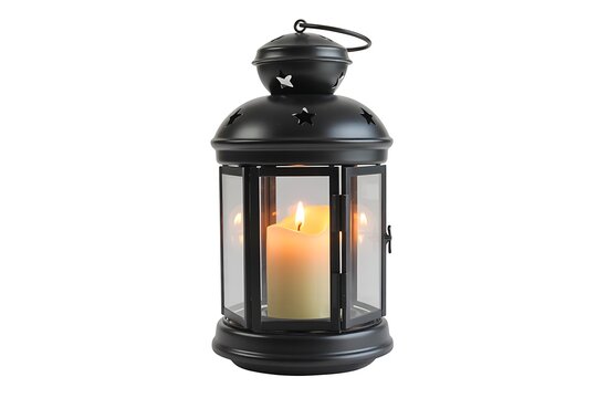 Black vintage lantern with glowing candle inside on white background