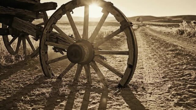 Old Pioneer Day Wagon Wheel Sepia Sunset Western History Journey