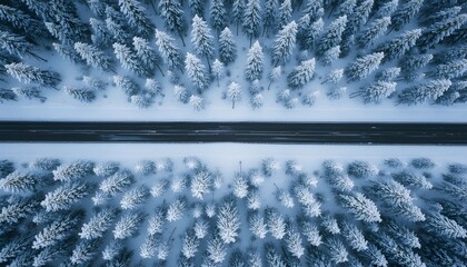 Aerial view of a dark road cutting through a dense, snowcovered evergreen forest