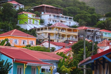 Terre de Haut town in Les Saintes, Guadeloupe. Typical local Creole style painted colorful architecture.