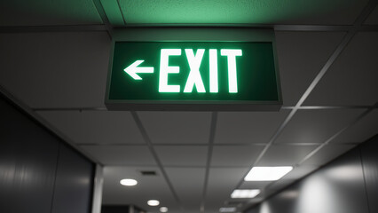 Bright green exit sign indicating direction in modern building hallway, providing clear guidance for safety and navigation