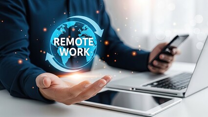 Person holding a glowing remote work globe hologram with laptop and phone for global business connection