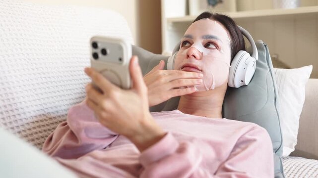 Young woman relaxing on a couch, wearing headphones, using a smartphone with a soft background, showcasing modern technology and leisure lifestyle with copy space