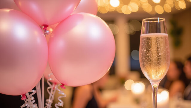 Celebration with pink balloons, sparkling drink, and festive atmosphere creates joyful ambiance. Perfect for parties and special occasions