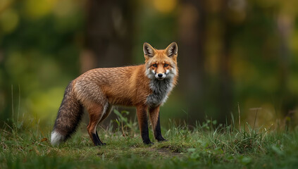 A red fox stands alert in green grass with a soft, blurred forest in the background