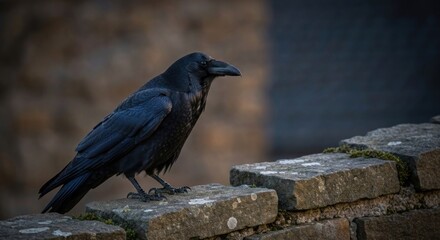 Obraz premium Raven perched on a stone wall