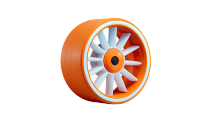3D render of a turbine with orange casing and white blades against a black backdrop